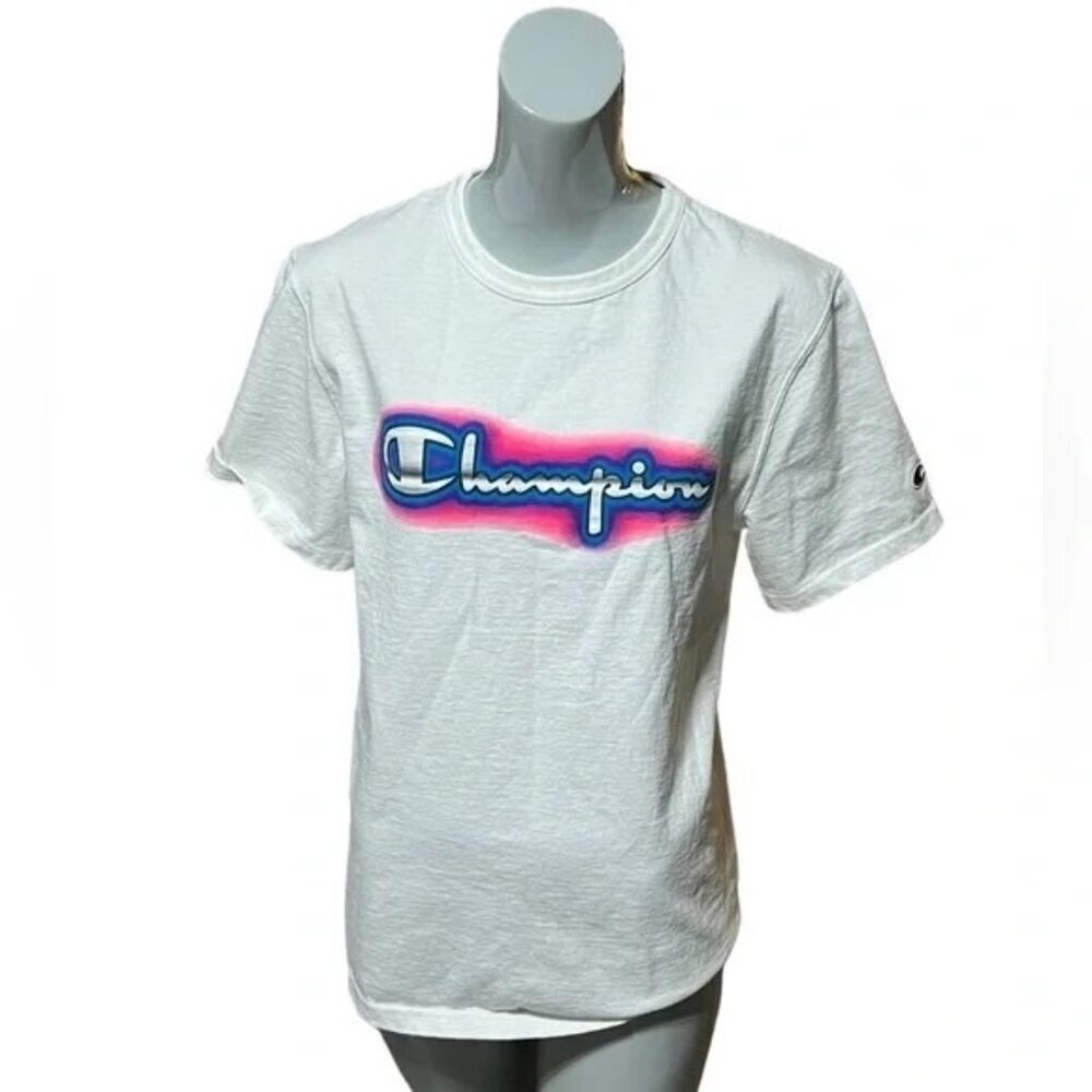 Champion White Spray Paint Logo Retro Crewneck T-shirt